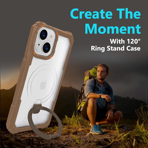 Image of AIBEX Transparent Back Cover Compatible for iPhone 13 /14| Mag-Saf Magnetic Ring Kickstand | Shockproof Dual Layer Military Grade Drop Protection Armor Case| Wireless Charging Support - Brown