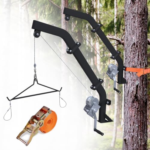 Aimax Outdoor Tree Mounted Game Hoist with Gambrel, Winch and Ratchet Strap, 500LBS Capacity Hunting Deer Hoist, 19.7FT Steel Cable Heavy Duty Deer Hanger for Skinning or Cleaning Game