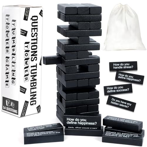 Tumbling Tower Question Game 54 Fun Conversation Starters Questions with Box and Storage Bag Wooden Tumbling Stacking Blocks for Adults Family Night Games Team-Building Get to Know Each Other