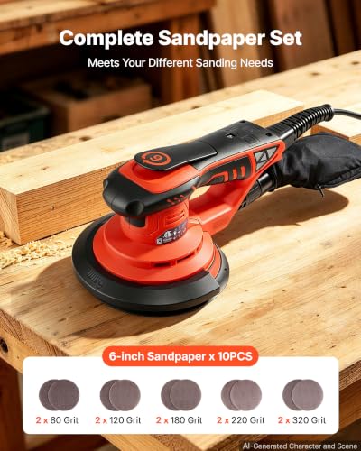 Image of VEVOR 6-Inch Random Orbital Sander 400W Brushless Orbital Sander, 4000-10000RPM 7 Speeds Electric Palm Sanders with 10PCS Sandpapers, Dust Bag & Vacuum Hose for Woodworking Detailing Sanding