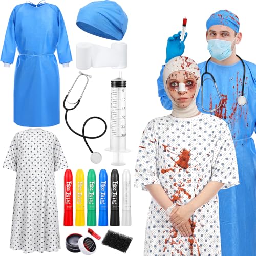 Image of Cotwinter 15 Pcs Halloween Couples Costume Set Doctor Surgeon and Patient Bloody Costume Unisex Hospital Patient Gown for Men Women Couple Halloween Cosplay Party