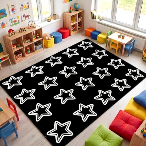 Breling Classroom Carpets Playmat Rugs 6x9 ft Stars Kids Classroom Rugs with Rubber Backing Black and White Childrens Seating Nursery Play Mat for Preschool Elementary Kindergarten Playroom