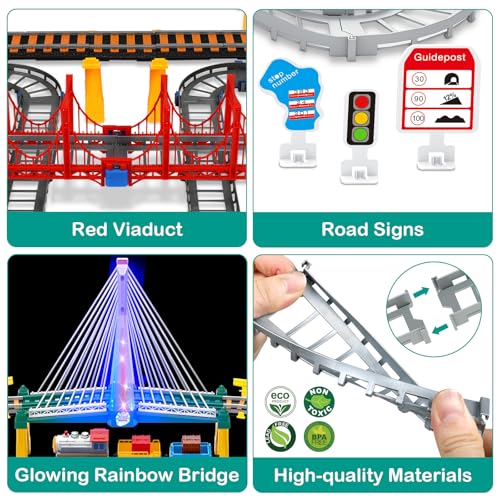 electric train set for kids ages 4-8 with train tracks set amp car tracks lights up bridge road sign realistic sound train track accessories playset boy toys birthday 4 5 6 7 8 year old
