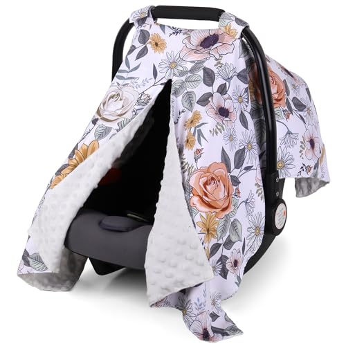 Image of Rquite Baby Car Seat Cover, Carseat Covers Baby Girl, Minky Infant Car Seat Cover Winter, Peekaboo Opening Car Seat Canopy, Multi-use Baby Carrier, Stroller, Nursing Cover, Minky Blanket, Floral