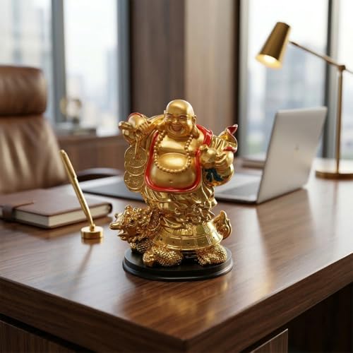 Image of Feng Shui Gold Laughing Buddha Statue on Dragon Turtle for Wealth & Prosperity - 22cm Large Hotei Buddha Figurine with Wu Lou & Money Coins - Home Decor, Office Vastu, Good Luck Gifting