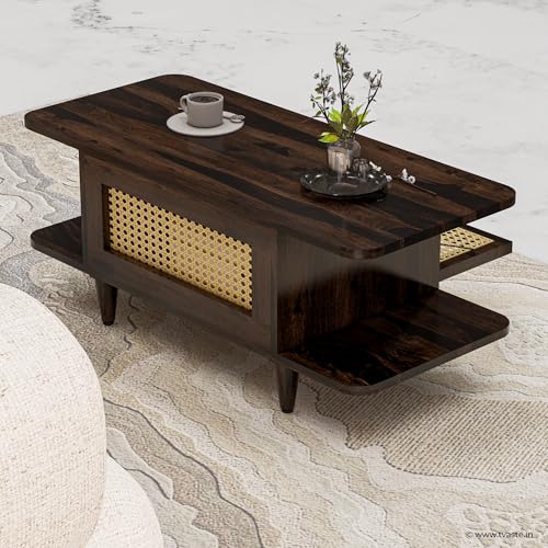 Image of SIDHI Solid Sheesham Wood Coffee Table & Center Table with Rattan Cane Lift-Down Shutter & Both Side Open Shelves for Living Room (Walnut Finish)
