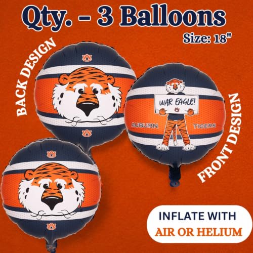 Image of Auburn Mylar Balloons -3 Pack- Featuring Official Logos and Aubie the Tiger - 18in Mylar Balloons for Auburn Graduation Decorations - Tailgates, Birthdays, Gameday Parties - by Havercamp