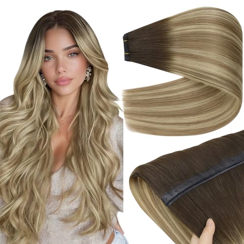 Image of YoungSee Butterfly Weft Hair Extensions Balayage OVO Weft Butterfly Hair Wefts Human Hair Walnut Brown Ombre Light Brown with Blonde PU Hole Weft Extensions Human Hair Cut into Any Size 18 Inch 100g