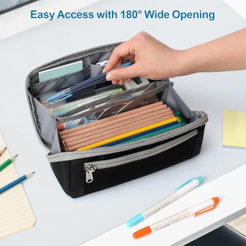 Image of Large Capacity Pencil Case - Pencil Pouch for Teen Boys, Aesthetic Pouch Organizer with 8 Compartments, Wide Opening Marker Bag for Middle High School College, Fits Calculator, Black | Wide Open 8 Compartments, Flexible Dividers & Side Pockets, Handle, 900D Fabric, College Supplies for Teens, Black & Grey