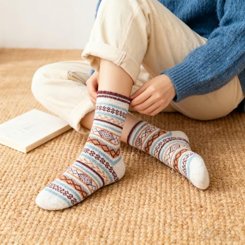 Image of LOCONHA Womens Wool Socks 5 Pairs Winter Warm Sock Thick Knit Cabin Cozy Crew Soft Socks Gifts for Women