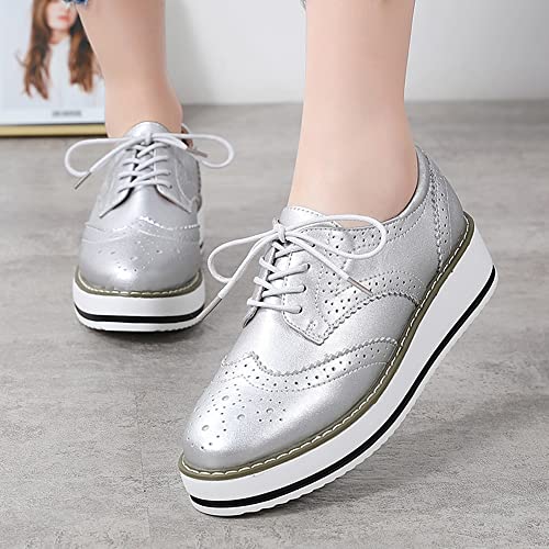Ying Lan Women's Platform Lace-Up Wingtips Square Toe Oxfords Shoe Silver #TOP5