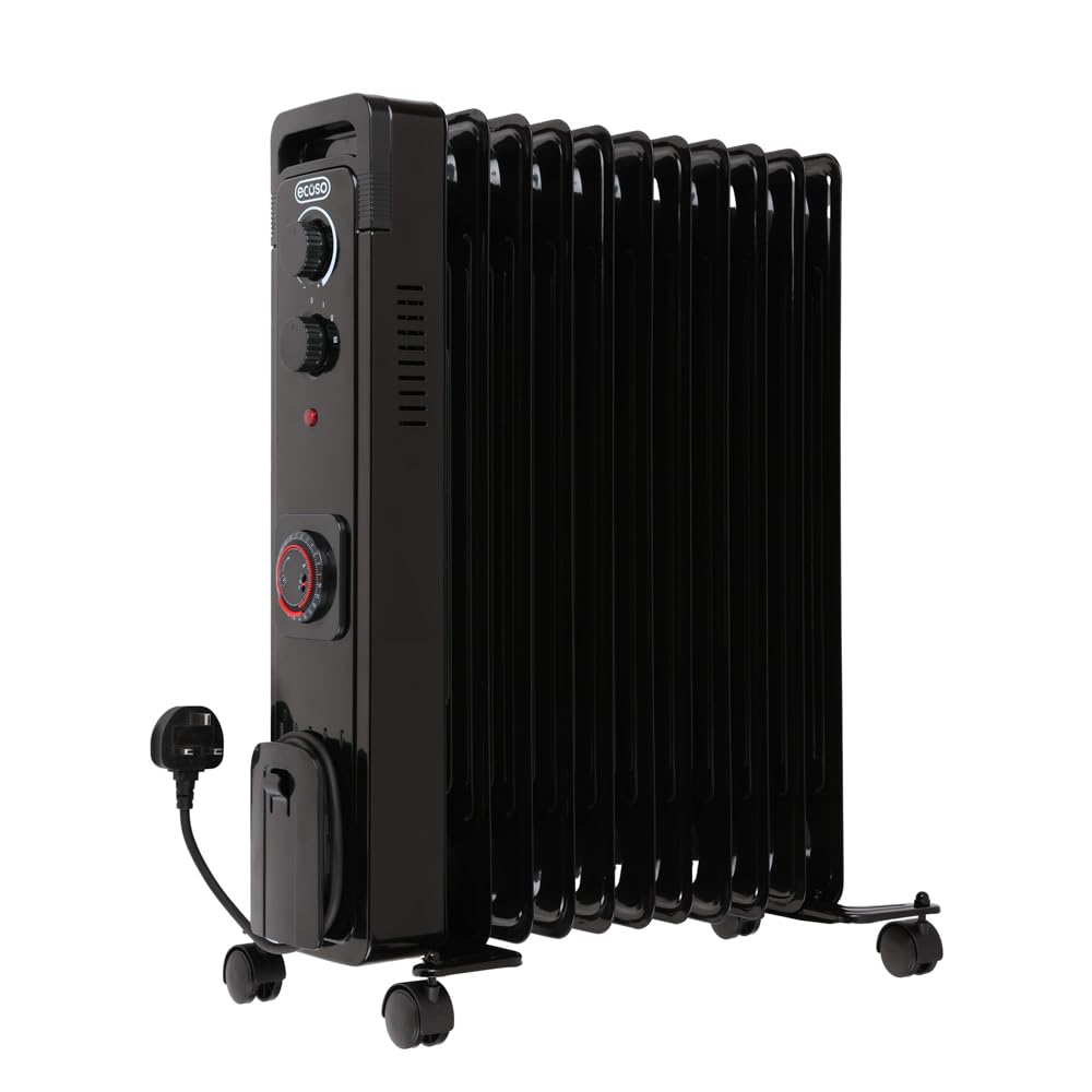 ECOSO Finn 2500W Black UK Plug Oil Filled Electric Radiator - 620mm x 240mm