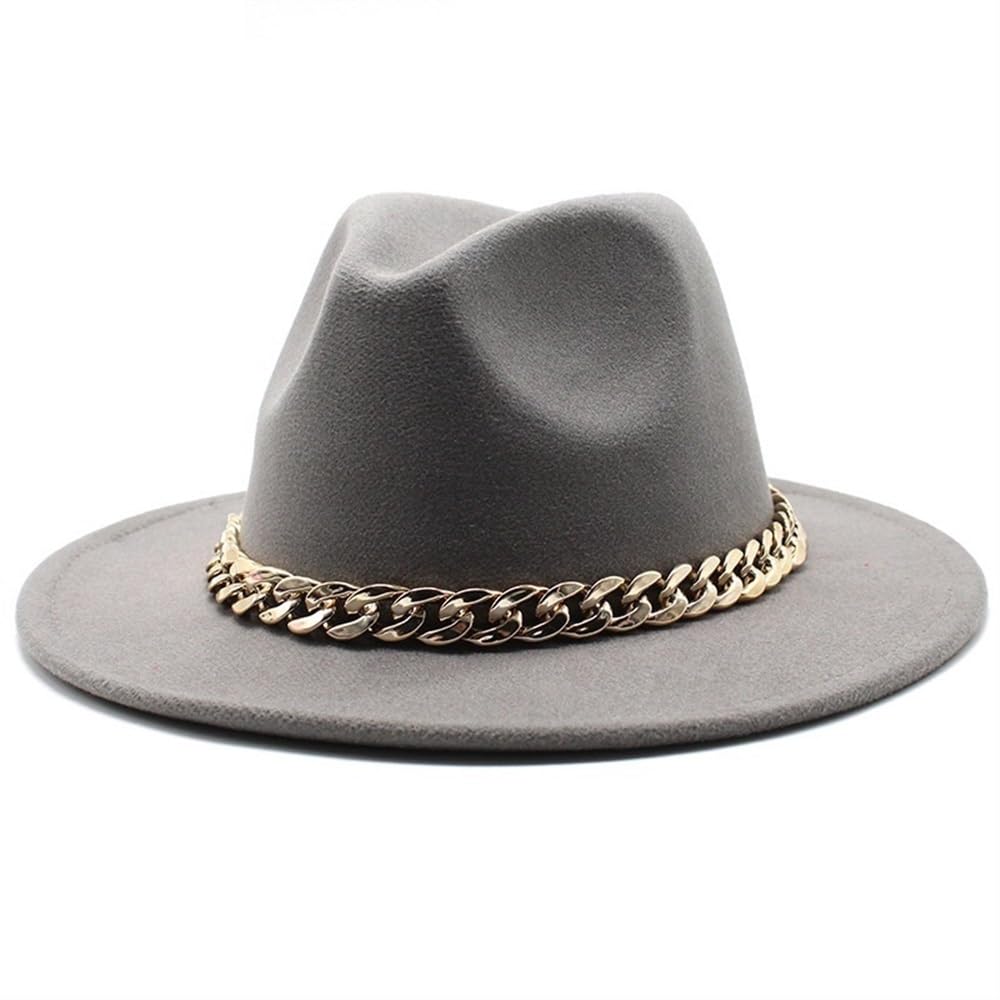 RZL Chapeau melon à large bord simple église Derby chapeau haut-de-forme avec chaîne dorée Chapeau Fedoras en feutre Panama (beige)