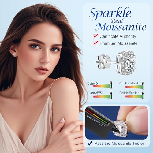 1-4CT Moissanite Stud Earrings, Halo Square D Color Ideal Cut 925 Sterling Silver Earrings for Women with Certificate of Authenticity2