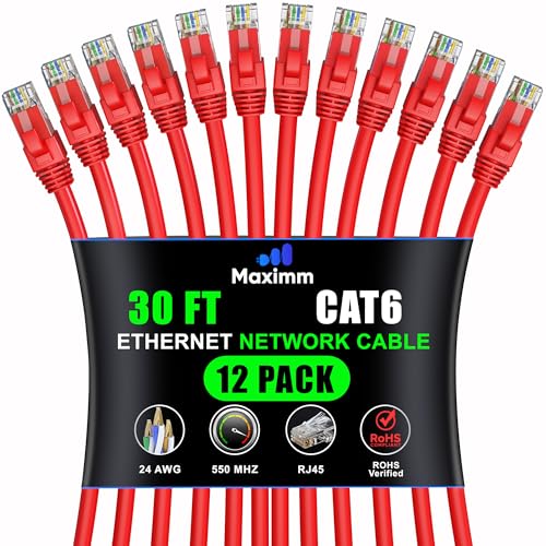 Maximm Cable Ethernet Cat 6 de 30 pies, (paquete de 12) cable Cat6, cable LAN, cable de Internet y cable de red, UTP (rojo)