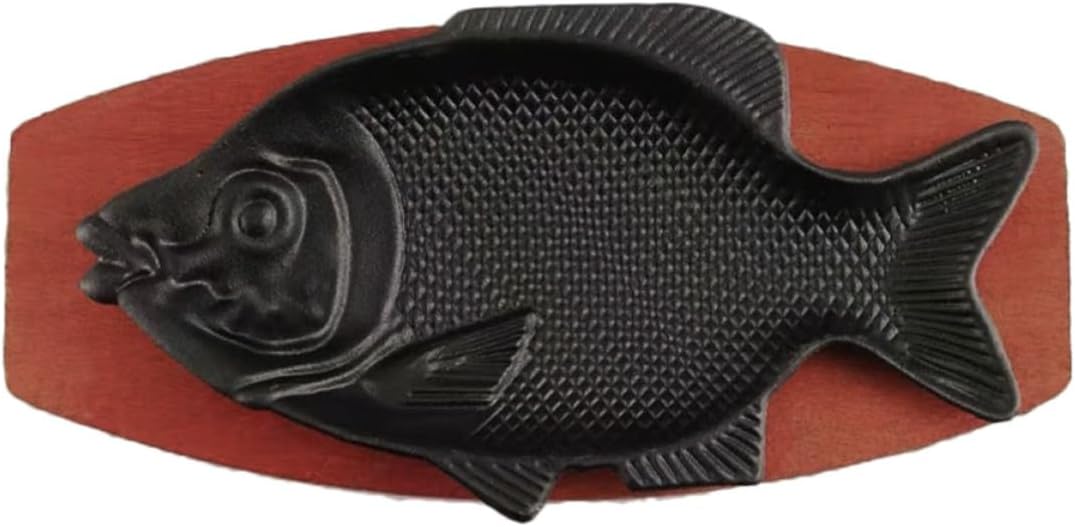 Fish Shape Iron Serving Dish with Wooden Base Heat Resistant
