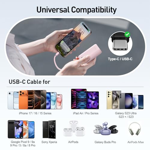 Image of iWALK Mini Portable Charger 10,000mAh, 22.5W USB-C Fast Charging Power Bank with Built-in Cable, Travel Essential Ultra-Small Battery Pack Compatible for iPhone 17 /16 /16 Pro /15, Samsung, Google, Pink