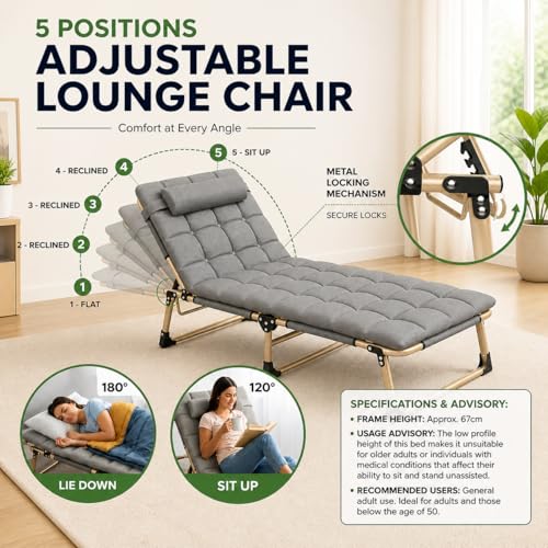 Image of Folding Bed Single for Sleeping 5 in 1 for Adults with Removable Cushion Outdoor Recliner Camping Bed Cot Beach for Adult Foldable Bed for Travelling Upto 150KG (193cmx67cm X33cm)