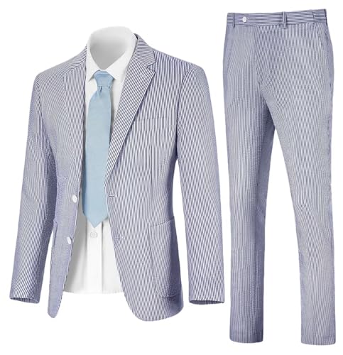Mens Seersucker Suit Slim Fit Suits for Men Summer Striped Wedding Prom Party Dinner 2 Piece Daily Suit Jacket Blazer Pants Blue M2