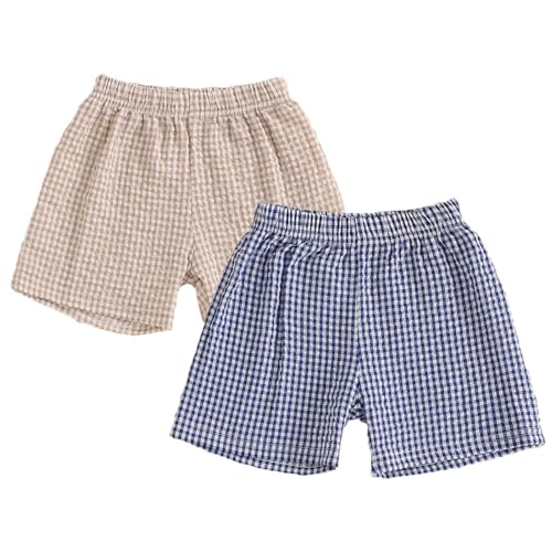 2PCS Toddler Baby Girl Boy Gingham Seersucker Shorts Elastic Waist Plaid Shorts Casual Short Pants Summer Bottoms (Navy Blue+Beige, 3-4 Years)