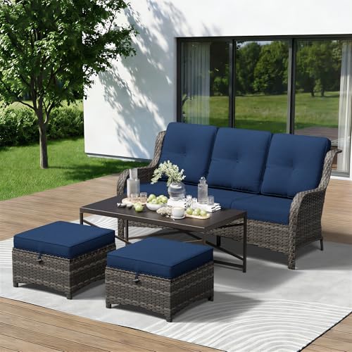 Image of 4-Piece Outdoor Couch Set, Includes Wicker Patio Sofa with Thickened Olefin Cushions, High Back and Deep Seating, Hand-Woven PE Rattan and 2 Ottomans, 1 Coffee Table for Porch, Deck