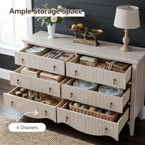 Image of FUSUNBAO 6-Drawer Fluted Dresser, Wide Double Chest of Drawers,Nature Oak | Fluted Design, Horizontal Chest of Drawers, Freestanding Storage Cabinet, For Bedroom & Living Room, Farmhouse Decor