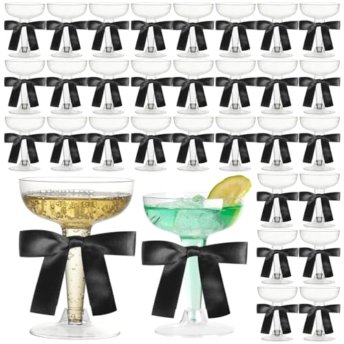 WJXCYGG 30 Set 5 Oz Acrylic Martini Glasses With Satin Ribbon Bow Decor Unbreakable Cocktail Glasses for Wedding Bachelor Birthday Party Martini Margarita Cocktail Dessert (black)