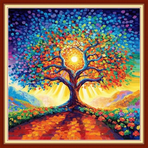 Image of Redxing Stamped Cross Stitch Kits Embroidery kit for Beginners Adults Full Range of Embroidery Patterns Starter Kits DIY Printed Cross Stitch Kits Needlepoint Kits 11CT-Magical SunTree 18x18 inchs