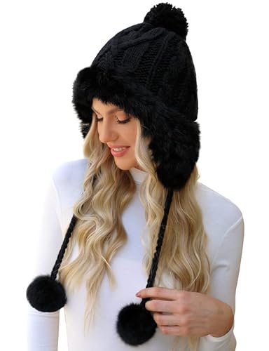 Clearlove Winter Hats for Women Warm Knitting Ear Protection Wool Cap with Velvet Bobble Pom Hats A-Black