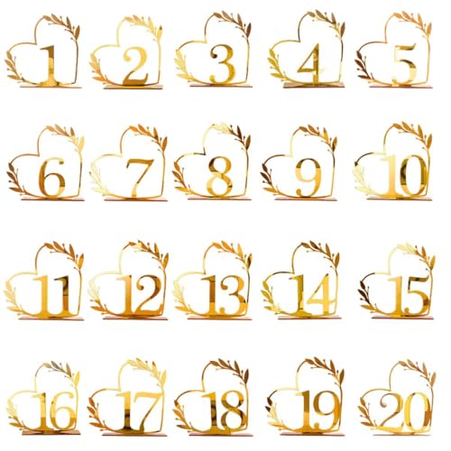 VOVCAMLS Wedding Table Numbers 1-20,Acrylic Heart-Shaped Gold Table Numbers,for Wedding, Anniversary commemoration, Reception,Event,Party, birthday, Centerpiece