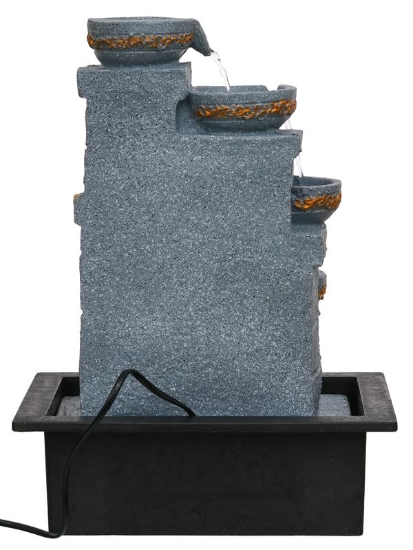 Image of Polyresin Designer Table Top Indoor Home Decor 4 Steps Waterfall Fountain with Yellow LED Lights & Water Flow Controller Pump (Size: 40 x 29.5 x 22CM | Weight: 2185grm | Color: Grey)
