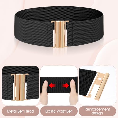 3Pcs Wide Elastic Belts for Women, Adjustable Trimmer Stretch Belt Women with Golden Buckle, Vintage Pants Jeans Dress Waistband Wide Belt(Black+White+Khaki)3