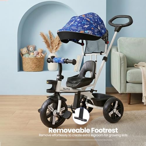 Image of Luusa Elite Pro 4-in-1 Kids Tricycle with Parent Push Handle, Adjustable Canopy, Safety Seat with Seat Belt, Storage Basket & Cup Holder | Toddler Trike for 1-4 Years Boys & Girls (White)