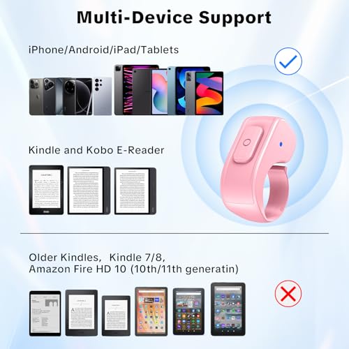 Remote Page Turner Ring for Kindle Paperwhite Oasis Scribe Kobo,Designed for Thick Cases Clicker Page Turner Camera Remote for iPhone iPad Android Tablets Reading Novels Comics with Storage Bag-Pink - Thumbnail 7