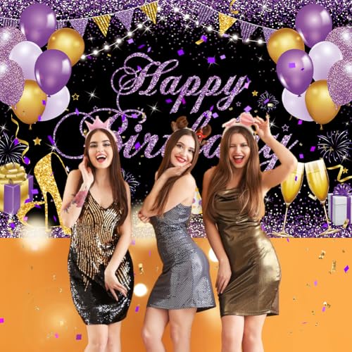 Image of Happy Birthday Banner - Birthday Decorations for Women Girls Purple Birthday Party Banners Welcome Happy Birthday Background Sign for Theme Party Decorations Indoor Outdoor