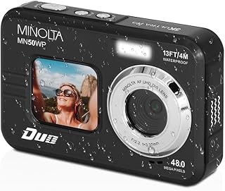 Minolta MN50WP 48MP Underwater Camera: 5K Ultra HD Video, Dual LCD Screens, 16x Zoom, Waterproof 13ft, 32GB Card (Black)