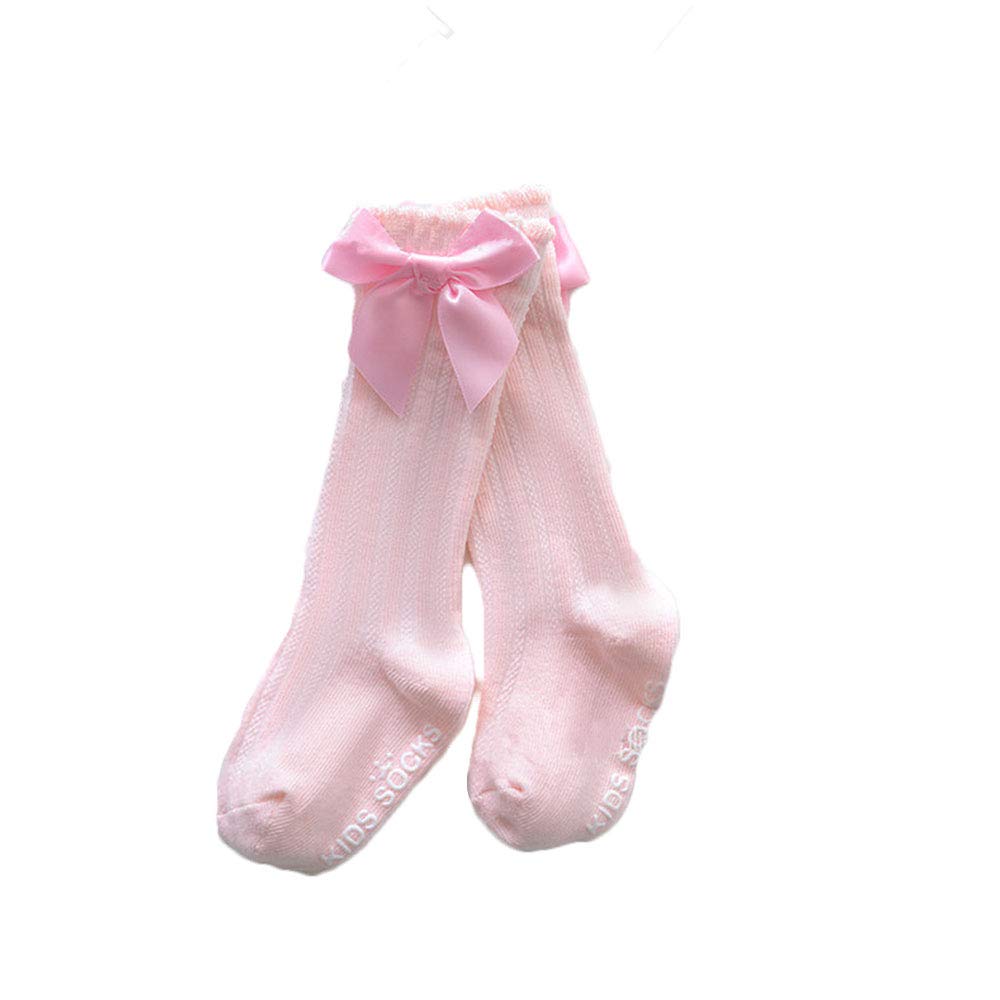 LXXIASHI Baby Girls Bowknot Ribbon Cotton Mid Stockings Newborn Infant Kids Solid Knit Frill Dress Socks 0-4Y (Bow Ribbon - Pink, 2-4 Years)
