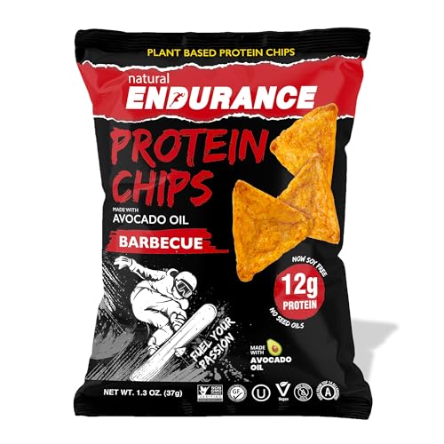 Natural Endurance Protein Chips - Healthy Low Carb Chips 12g of Protein per Bag Non GMO Made with Avocado Oil Vegan Nut Free On the Go Snack - BBQ Flavor 1.38 oz Bags (Pack of 8)