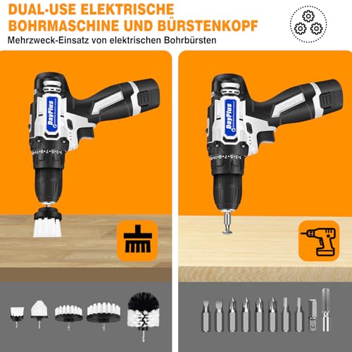Akku-Bohrschrauber 12V, 3/8" Chuck Handschrauber-Bohrer-Set mit 1.5Ah Batterie und 5 Bürsten, 2-Gang Wiederaufladbare Bohrer Akku zum Bohren von Holz Metall Kunststoff – Bild 5