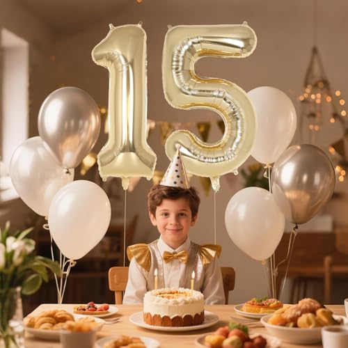 Image of Champagne Gold Large Number 15 Balloon, 40 Inch Light Gold Foil Helium Number Balloons, Giant Mylar Number 15 Balloons for 15 Years Old Birthday Party Anniversary Decorations (Champagne Gold 15)
