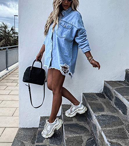 chouyatou Women's Distressed Ripped Batwing Sleeves Boyfriend Denim Jean Shirts Jacket2