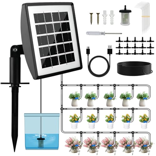 Cieex Solar Bewässerungssystem 2024 Neuestes Automatische Tröpfchenbewässerung System, Automatische Bewässerungssystem für Garten, Balkon Pflanzen mit 21 Timer Modi und 15M Schlauch 15 Stück Tropfkopf