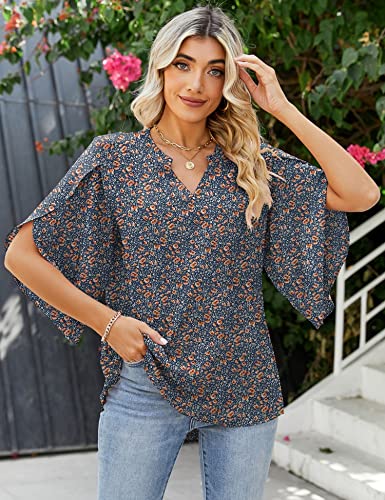 Luyaa Womens Casual Half Ruffled Sleeve Chiffon Blouse Tops V Neckline Floral Dressy Blouses Blue-Flower S #TOP2