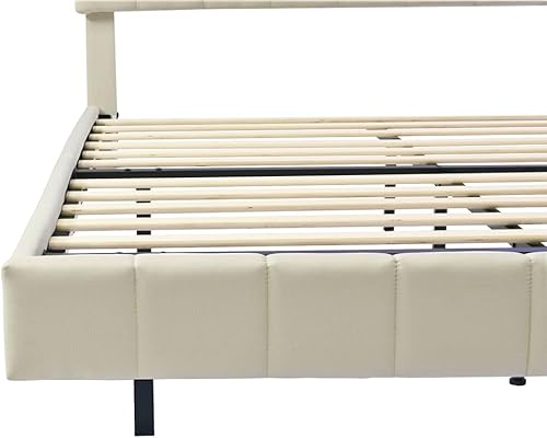 Miniatura 5 de CNANXU Elegante marco de cama flotante de tamaño Queen con cabecera LED ambiental y puertos USB integrados, base de colchón tapizada contemporánea