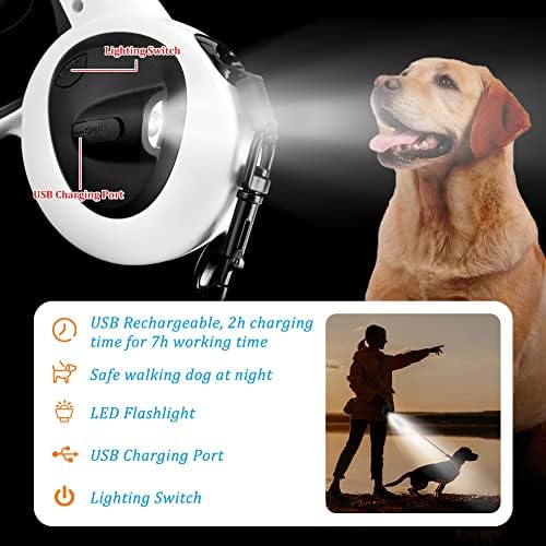 Xakay Retractable Dog Lead 5m/16ft Heavy Duty Dogs Extendable Leads with LED Light and Poop Bags Strong Reflective Nylon Tape for Medium Large Pets up to 50kg/110lbs,One Button Brake&Lock, Tangle-Free