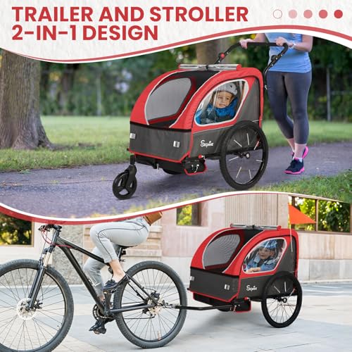Image of Sepnine Kids Bike Trailer, 2 in1 Canopy Carrier Converts to Pushcart Suitable for 1 to 2 Toddlers, Kids, Quick Attach to Bike, Foldable, with 5-Point Harness and Storage Bags