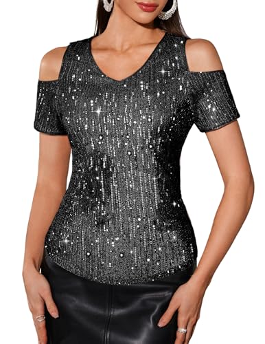DRESSTELLS Pailletten Oberteil Damen Schwarz Glitzer Bluse Damenbluse Elegant Festliche Karneval Party Disco Outfit Schwarz M