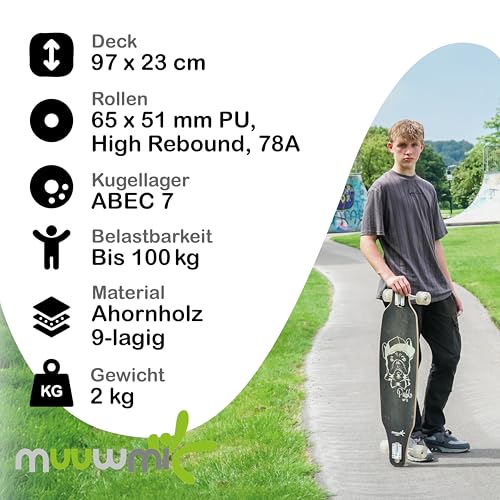 muuwmi Longboard Beach - ABEC 7 Kugellager - Deck 97x23 cm - Rollen 65x51 mm - max. 100kg