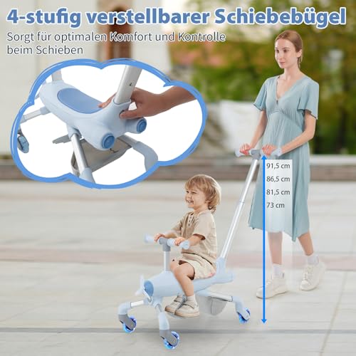 GOPLUS 2 in 1 Schiebeauto & Rutschauto, Dreirad mit verstellbarem Schiebegriff, LED Rädern & Korb hinten, Rutscherfahrzeug im Flugzeugmotiv für Kinder ab 18 Monaten, belastbar bis 50kg (Blau) – Bild 4