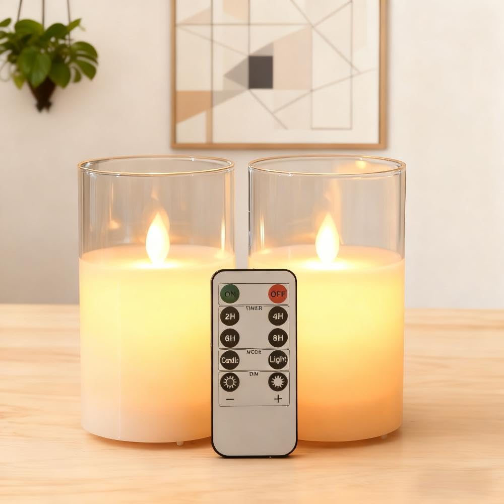 Koelaa 2 Pack LED Candles, Battery Operated Flameless Candles with Remote & Timer, Realistic Flickering Warm White Glass Jar Candle for Christmas Party Wedding Home Decor (White, 7.5 * 10cm) — image 1